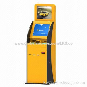 Stainless steel payment kiosk with 17-inch touch screen and 19-inch advertising monitor